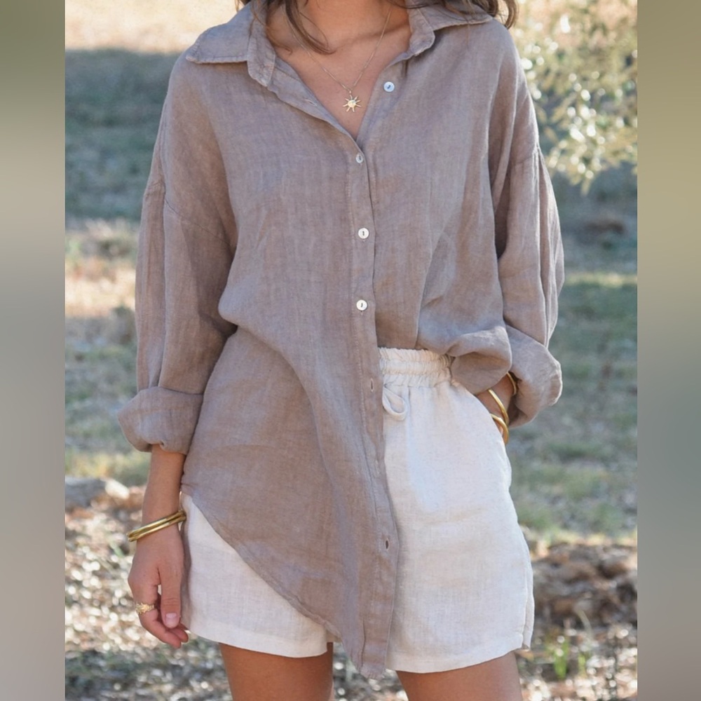 Indigo Swimwear 100% Sustainable Linen Tan Button-Up Shirt